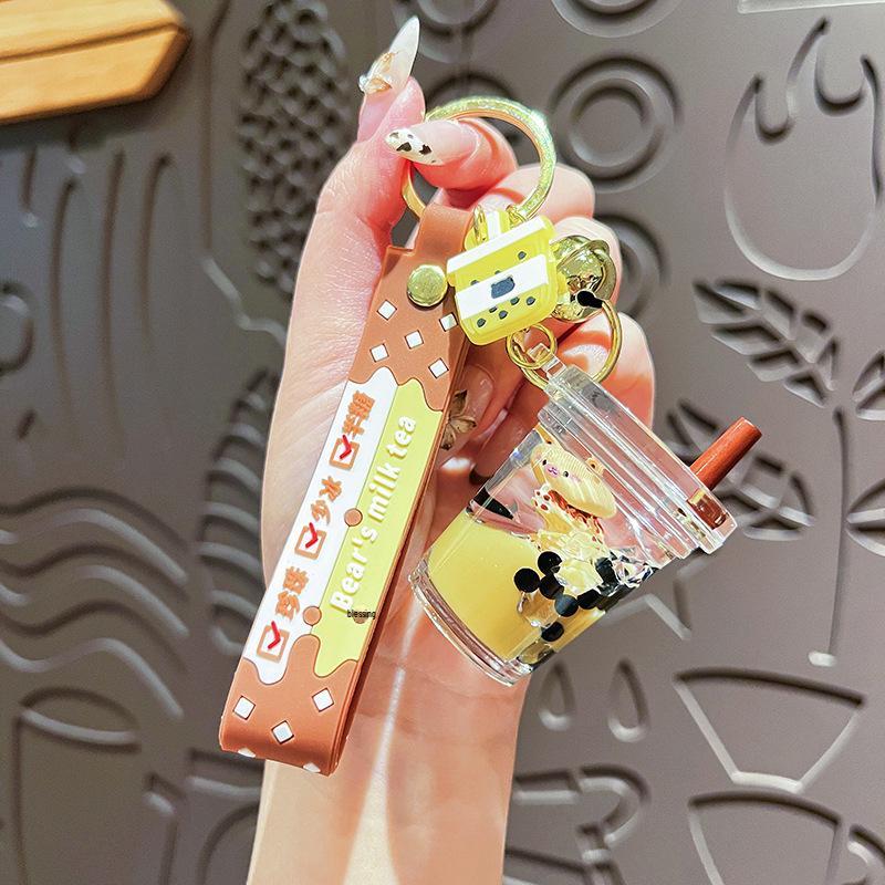 Floating Oil-Filled Bear Milk Tea Cup Keychain - Cute Backpack Pendant for Couples