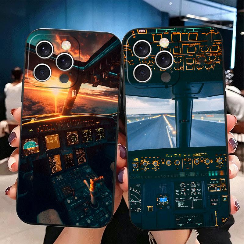 Aviation Aeroplane Pilot Cockpit Soft Phone Case for iPhone 16 16E 17 Air 15 Pro Max 14 Plus 13 Mini 11 12 7 Black Cover Back Sh