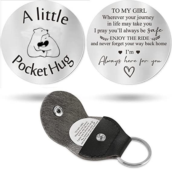 Cross Car Key Inspirational Decision Coin Leather Keychain with Stainless Steel Engraved Double-Sided Round Charm Gift