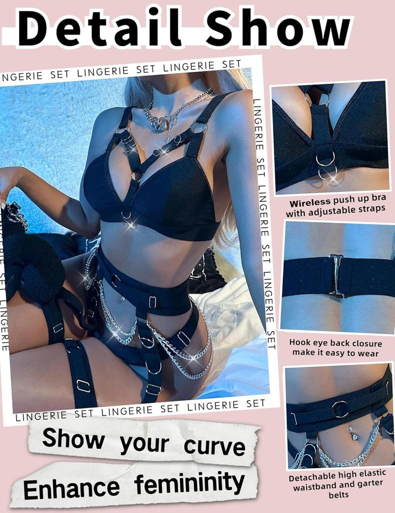 Sexy Lingerie Set For Women With Garter Belt 5 Pieces Strappy Bra and Panty Set Adjustable With Chain