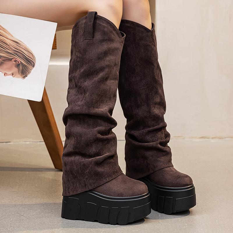 14Cm Thick-soled Boots Suede Stacking Boots 2025 New But Knee Women's Boots Irregular Design Folds