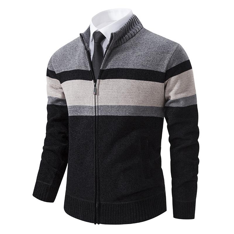 Men's Color Matching Stand-up Collar Men's Jacket Winter Velvet Youth Knitted Warm Jacket