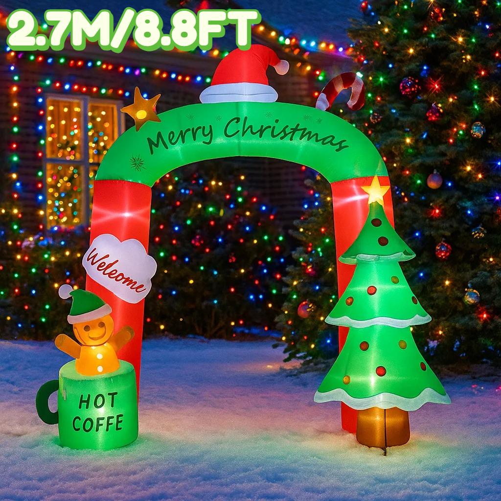 8.8FT/2.7M Inflatable Christmas Arch with Gingerbread Man Hot Coffee and Welcome, Glowing Outdoor Yard Decor