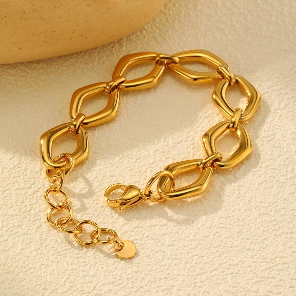 Stainless Steel Rhombus Chunky Chain Bracelet Gold Plated Thick Bracelet Luxury Geometric Jewelry for Women Girlfriend Gift