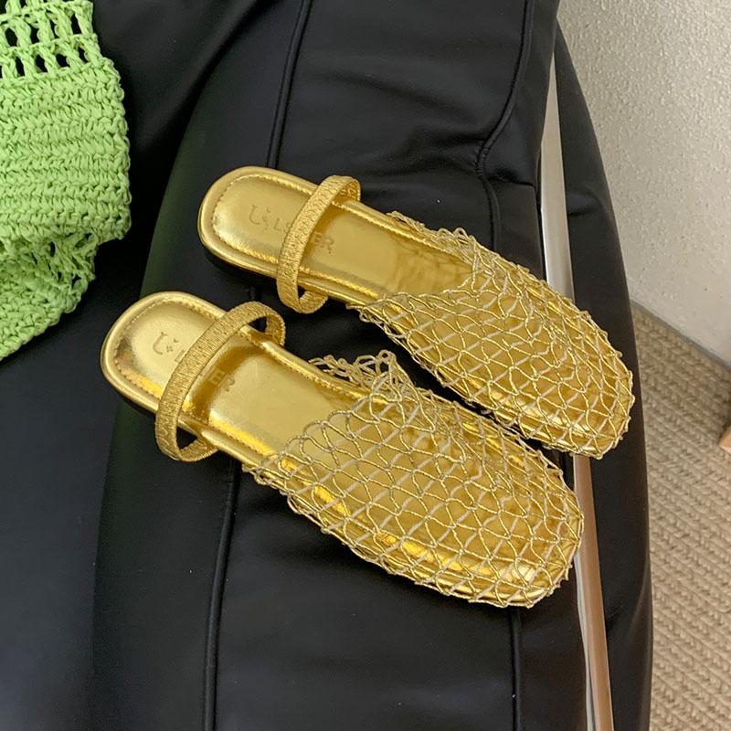 Fashion Summer Beach Ladies Flats Slippers Sandals Shoes Round Toe Fashion Mesh Female Flats Slides Slippers Shoes For Women Mules