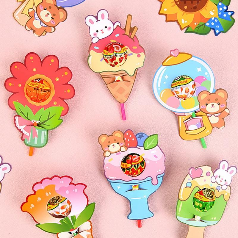 30Pcs Lollipop Paper Cards Lovely Cartoon Rabbit Bear Children'S Day Birthday Party Candy Gift Packaging Diy 3D Decorative Cards