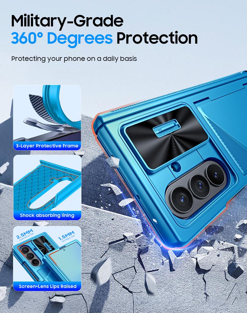 For Samsung Galaxy Z Fold 7 Case with Card Holder RFID Blocking,Built In Slide Lens Cover&Hinge Protection&Screen Protector,Wallet Case-Light Blue