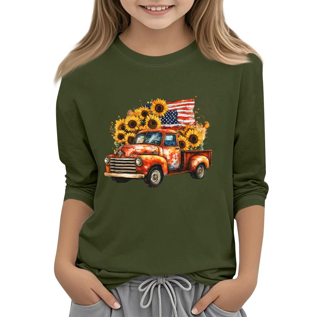 Tricou casual cu mâneci 3/4 pentru copii, cu gât rotund și imprimeu pentru Ziua Independenței