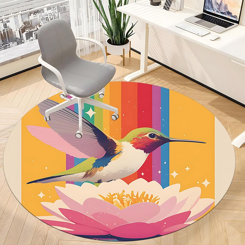 1PC Hummingbird Lotus Office Round Area Rug,  Mat Suitable ForOffice, Under Office Chairs Bedroom Living Room Home Decor, Room Deco