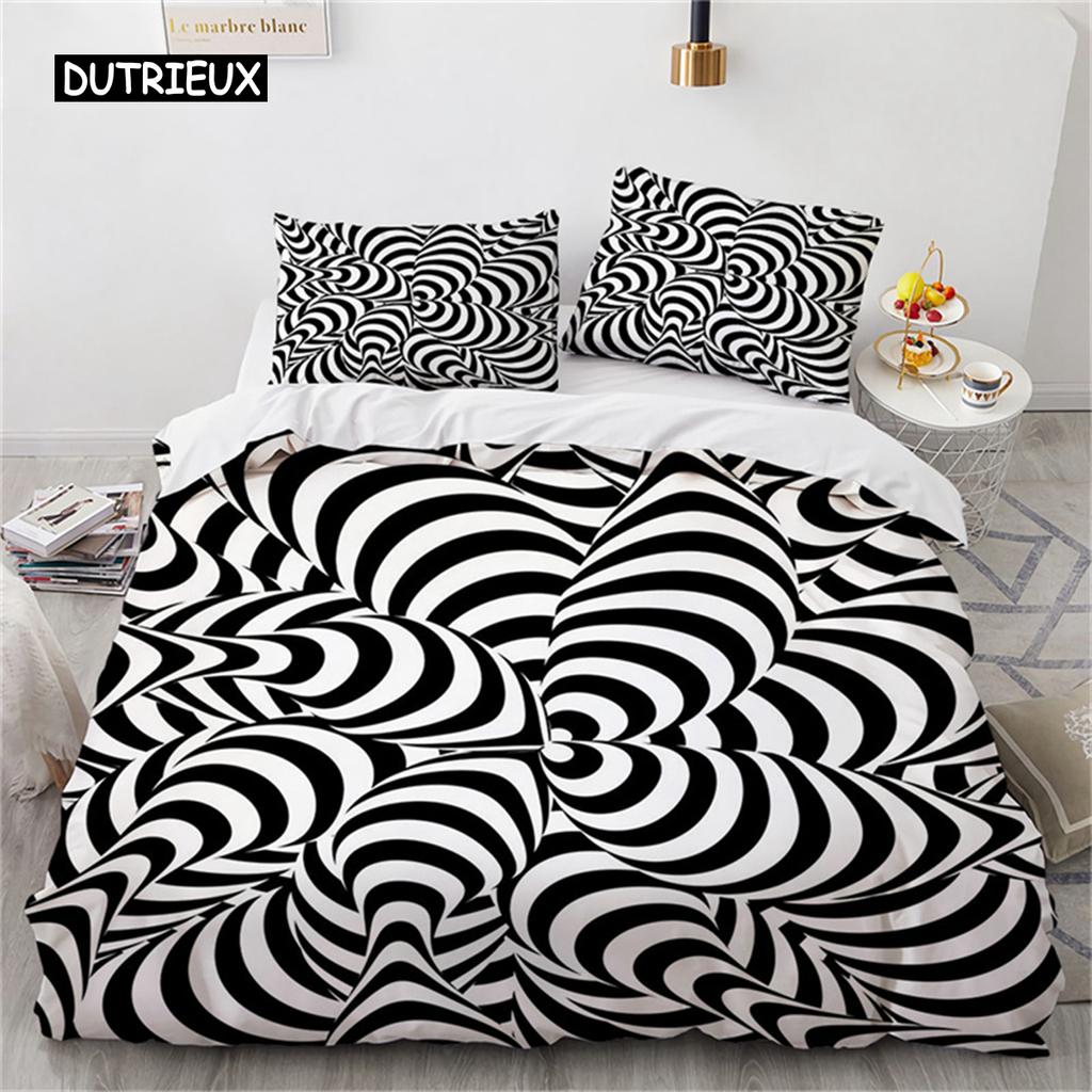 Duvet Cover Psychedelic Spiral Swirl Quilt Cover Abstract Art Black White Geometric Checkered Bedding Set for Bedroom Decoration