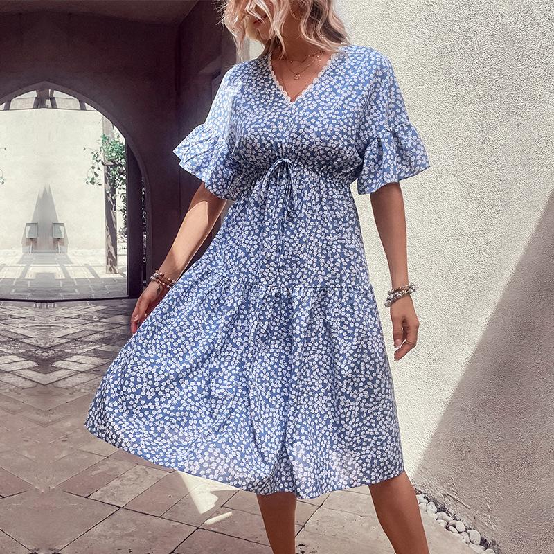 2025 New Summer Fresh and Sweet Wind Print V-neck Blue Dress