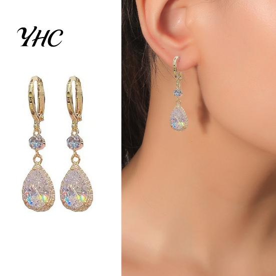 Girls Earrings 1 Pair Dangle Water Drop Pendant Elegant Dangling Golden Hypoallergenic Sparkling Rhinestone Women Fashion Jewelry