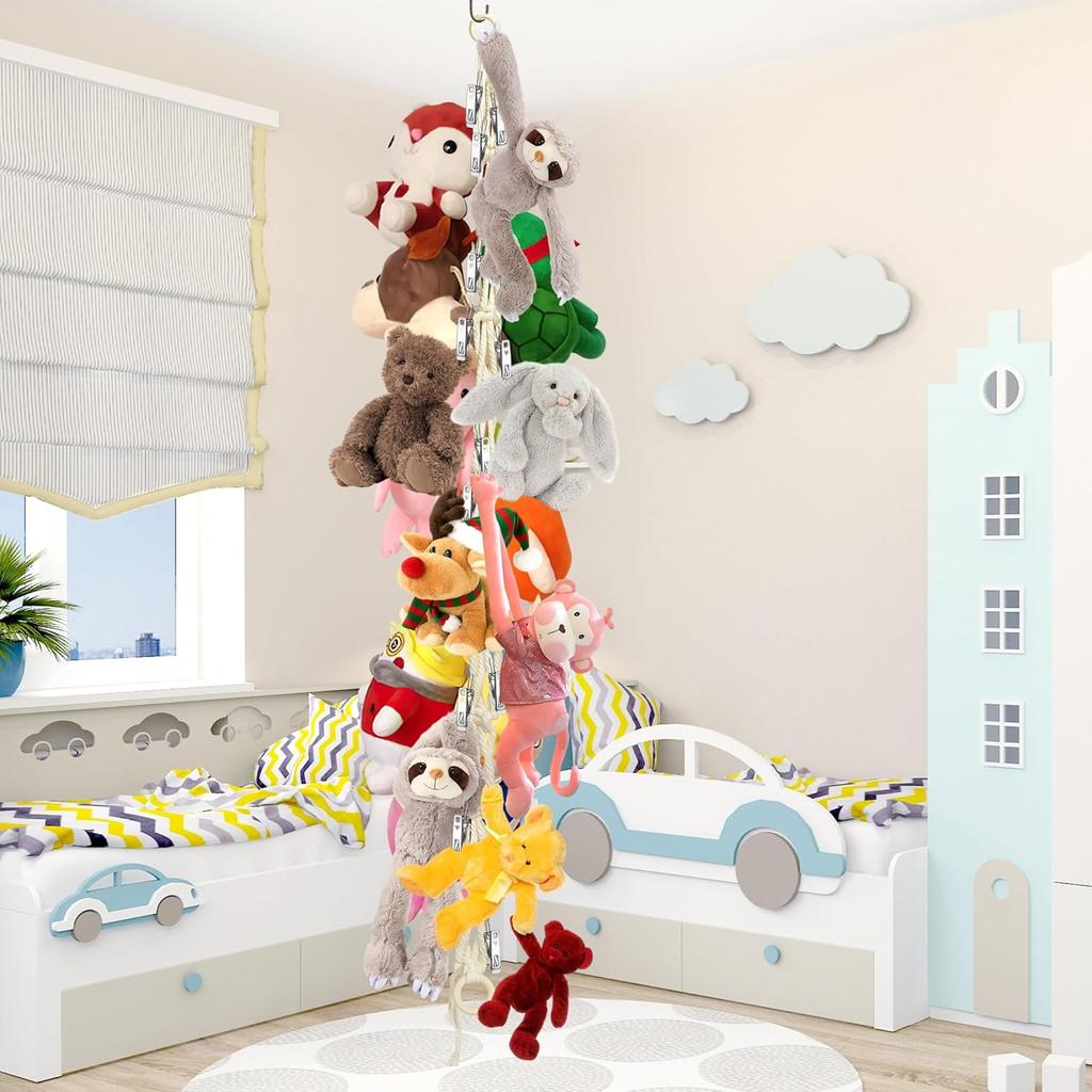Cotton Plush Animal Storage Rope with 20 Metal Clips, Wall-mounted Hanging Storage Rack, Suitable for Kindergarten Playrooms