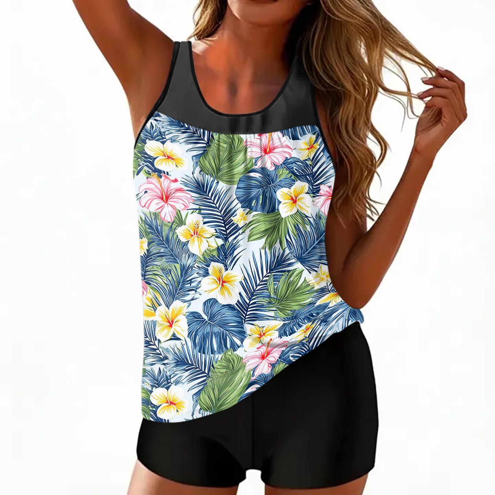 

Women’s Tankini Swimsuit Set with Tropical Floral Print and Boyshorts Two Piece Swimwear for Beach Pool Vacation L синій