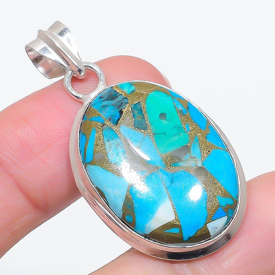 Natural Copper Blue Turquoise 925 Sterling Silver Jewelry Pendant 1.77" s5Q21