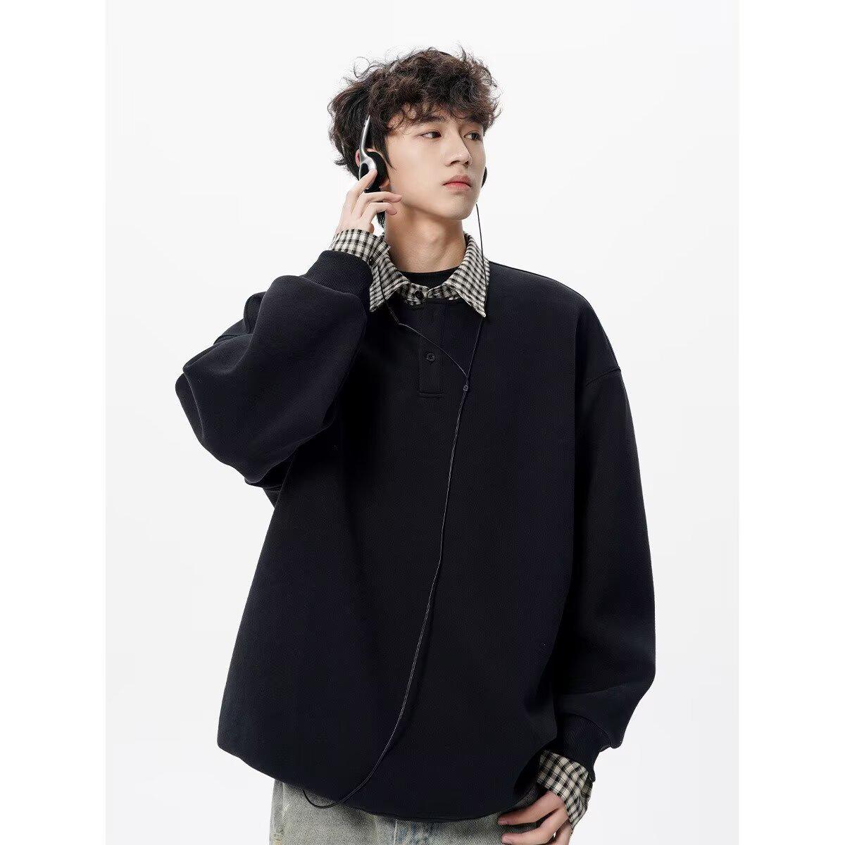 

Men s Trendy American-Style Patchwork Lapel Hoodie: Two-Piece Look, Autumn/Winter, Loose Fit, Long Sleeve Polo for Couples. Medium чорний