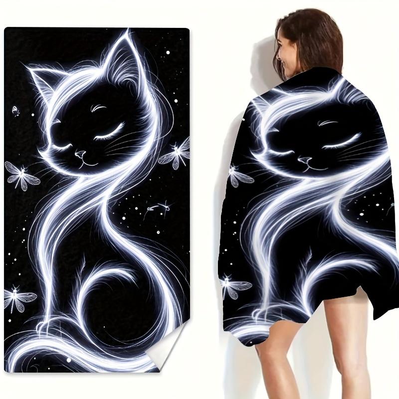 1pc Whimsical White Cat & Floral Print Beach Towel - Soft Polyester, Multi-Use for Beach, Pool, Yoga Camping Perfect for Summer