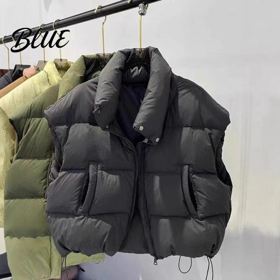 Simple Design Vest Waistcoat with Sleeveless Zipper Stand Collar Women Down Closure Winter Pockets Solid