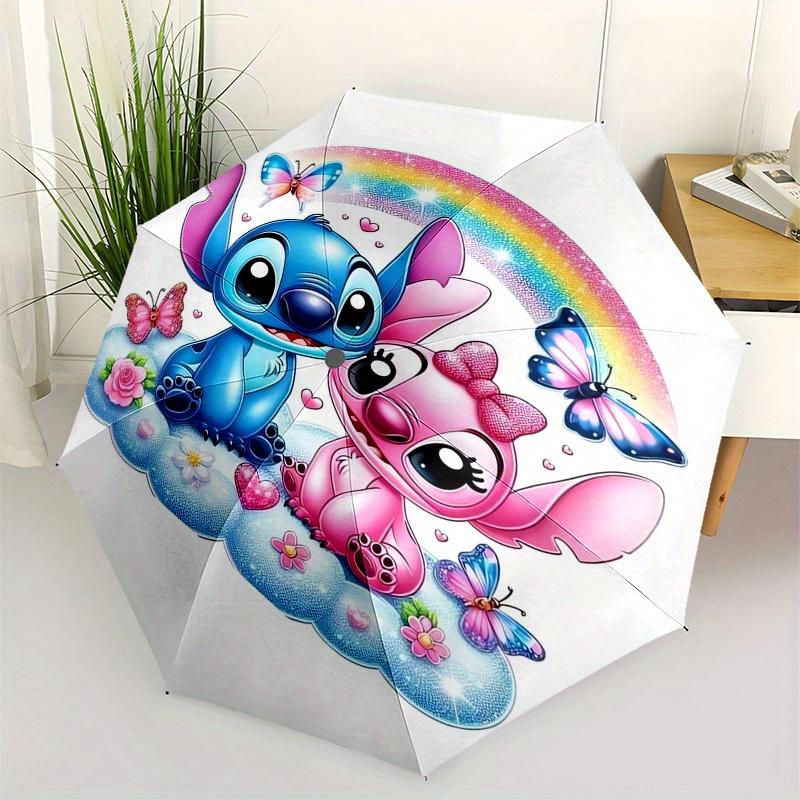Stitch,Angel,Rainbow Fashion Umbrella, Automatic Opening and Closing Cartoon Design, Iron Ribs and Handle, 8 Ribs, Suitable for All Occasion