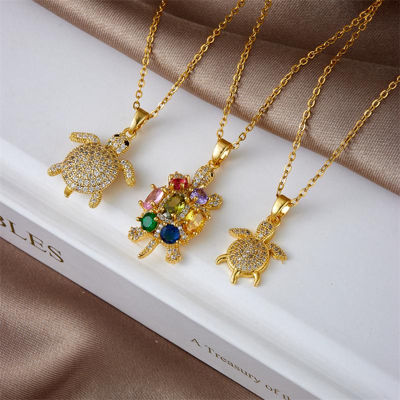 Cute Colorful Zircon Tortoise Pendant Necklaces for Women Girls Stainless Steel Chain Trendy Boho Jewelry Accessories Gifts