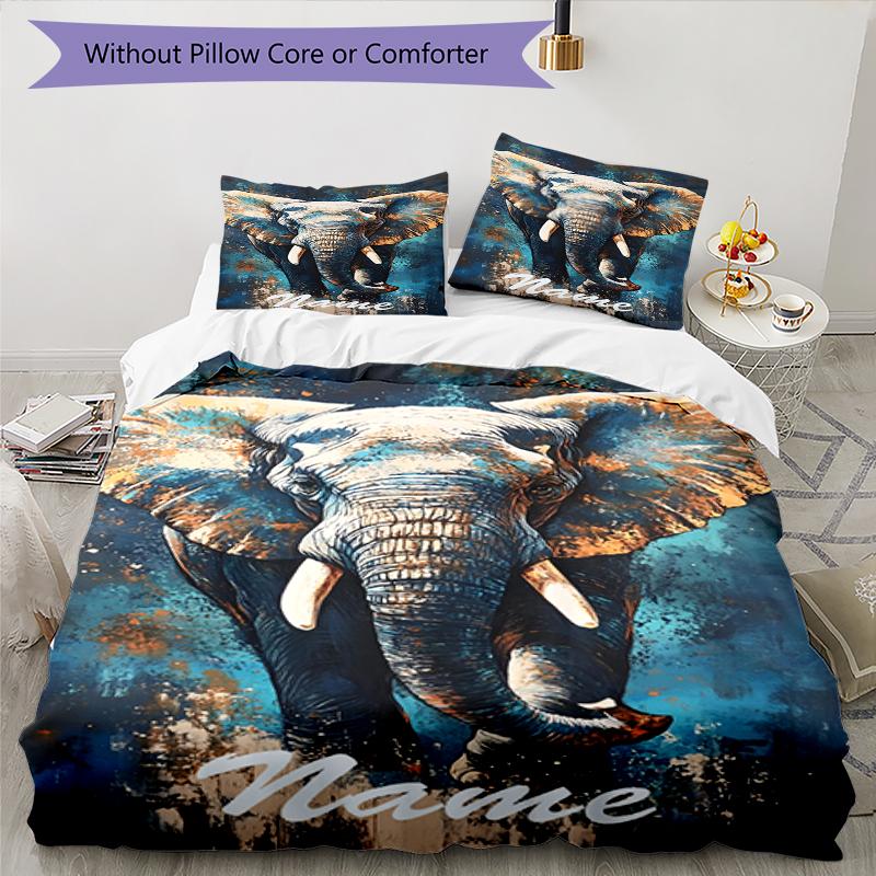 3pcs Custom Name Elephant Bedding Set Duvet Cover Closure Includes 1 Duvet Cover & 2 Pillowcases, Soft and Comfortable for All Seasons.