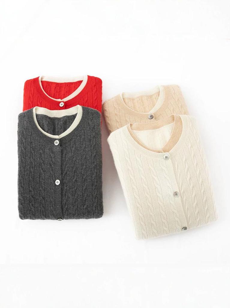 Round Neck Cable Knit Cashmere Color Block Cardigan - 2026 Autumn/Winter Women's Elegant Fake Two-Piece Style.