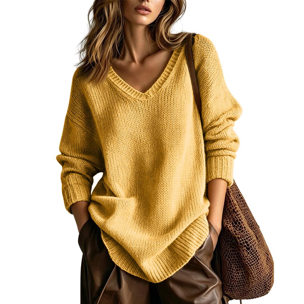 Women's Cozy V-Neck Knit Sweater Loose Fit Slimming Pullover Top
