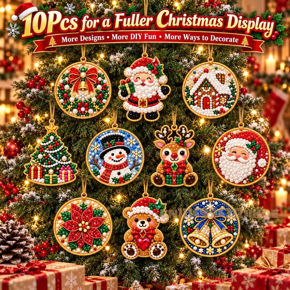Ornamenti di Natale in Legno, Kit per Pittura con Perle Fai da Te per Adulti, Kit per Diamond Painting di Natale per Adulti, 10 Disegni in Legno con Corda di Canapa