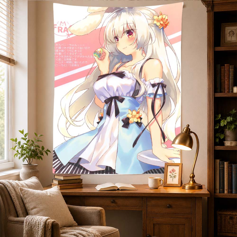 Cute Anime Girl Tapestry Wall Hanging Silver Hair Bunny Ears Blue White Dress Manga Art Bedroom Dorm Home Decor Fans Gifts