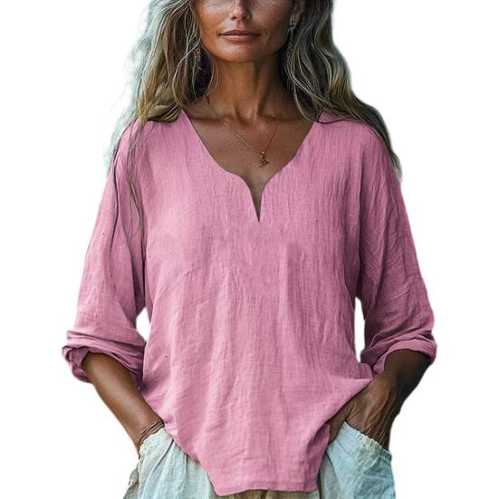

Women Tops Soft Fabric Breathable Loose Fit Blouse Three-Quarter Sleeve V-Neck Casual Spring Summer Shirt S розовый