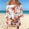 2026 European and American Sexy Fashion One-word Shoulder Print Dress Women's Clothing