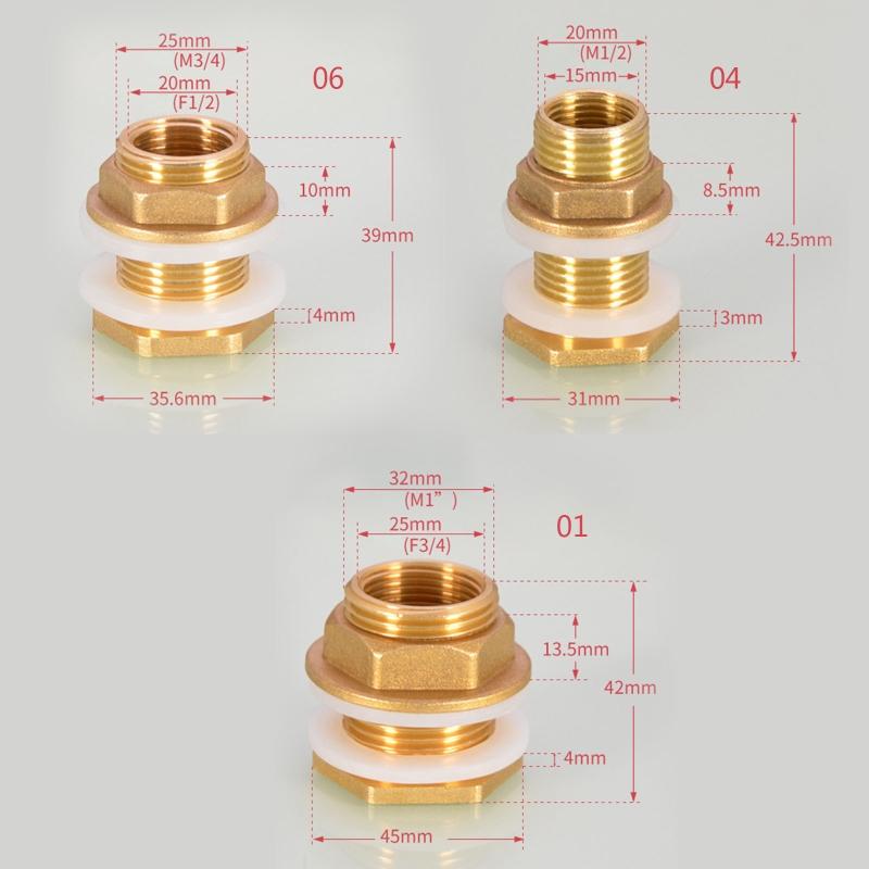 Leak-proof Copper Fitting 1/2" 3/4" 1'' Water for Tank Connector with Rubber Ring for Water Tower, Pool, Fish for Tank,