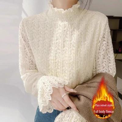 Top a collo alto in pizzo di velluto da donna - Elegante camicia autunno/inverno 2024