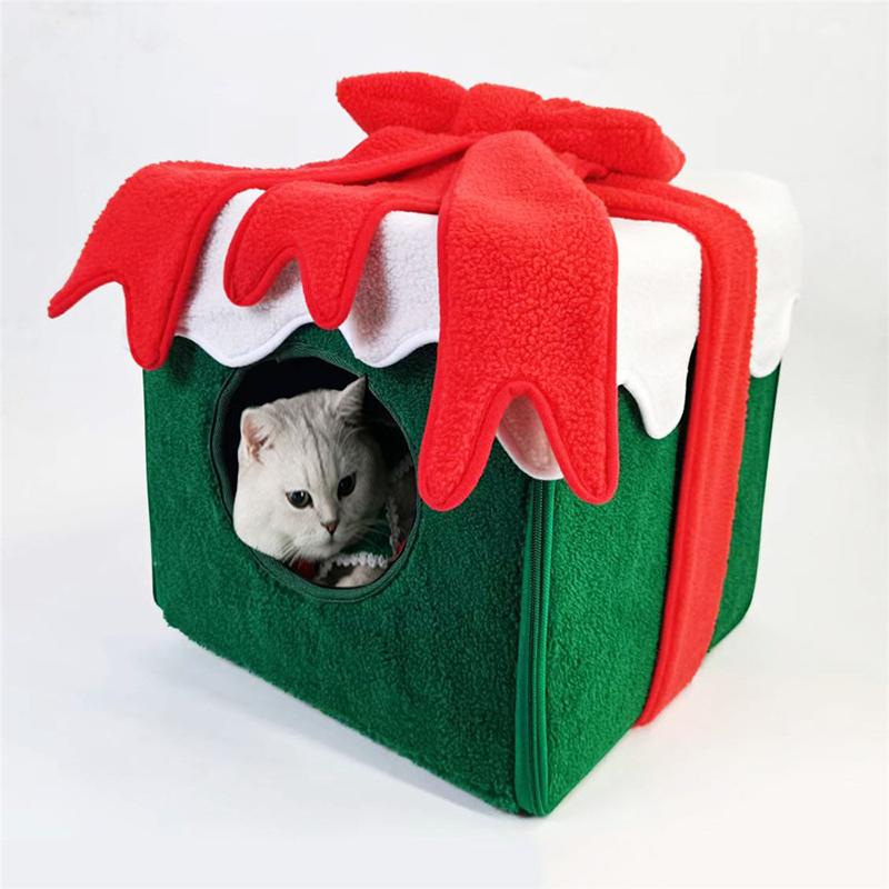 Christmas Cat Bed House Large Space Square Fully Enclosed Warm Christmas Pet Cave for Cat Dog