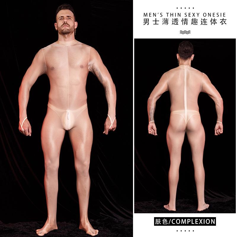 Sexy Men Body Sculpting Tights Oil Shiny Glossy Leotard Elastic Open Zipper Jumpsuit Exotic See Through Catsuit Body Stockings