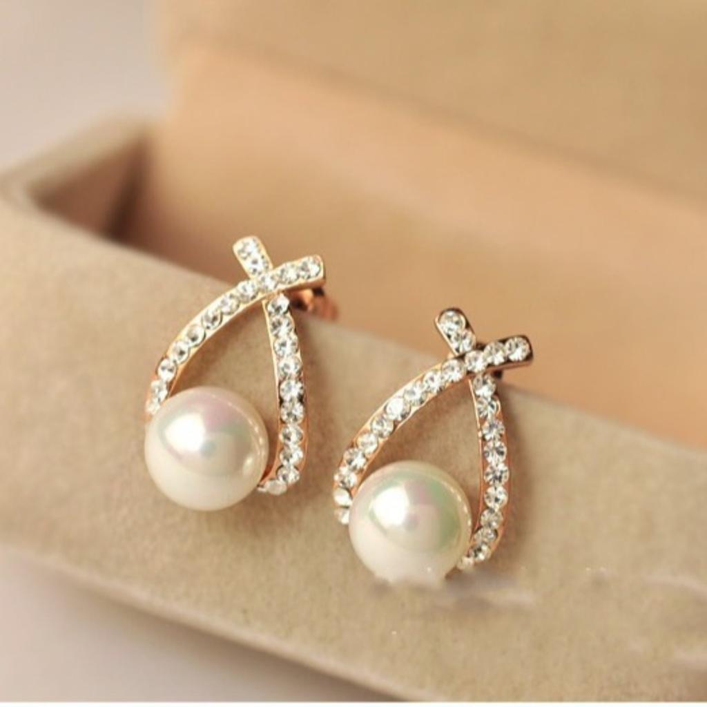 Pearl Teardrop Stud Earrings Sparkling Pave Setting Jewelry