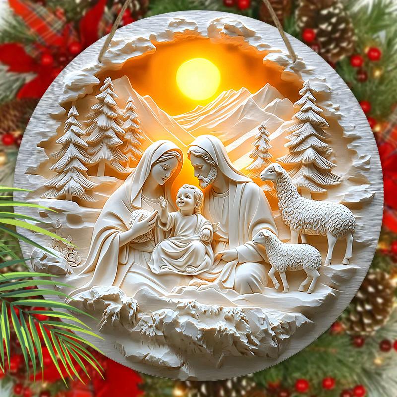 Nativity Scene Wooden Christmas Sign - Jesus Chases The Lost Lamb Round Sign for Front Door Wall Hanging Decor - Ideal Christmas Gift