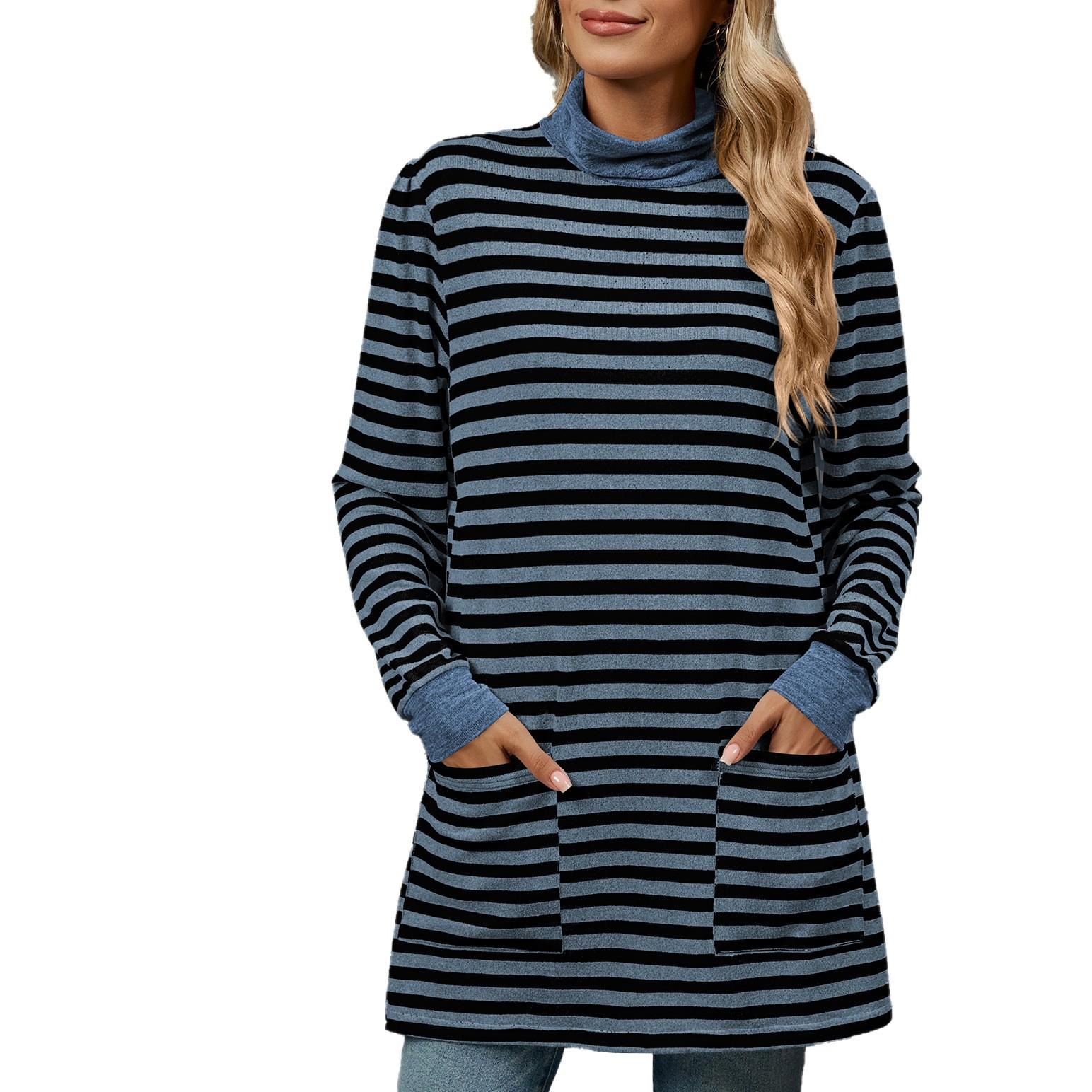 Женская модная повседневная полосатая трикотажная футболка с круглым вырезом и длинным — фото 3