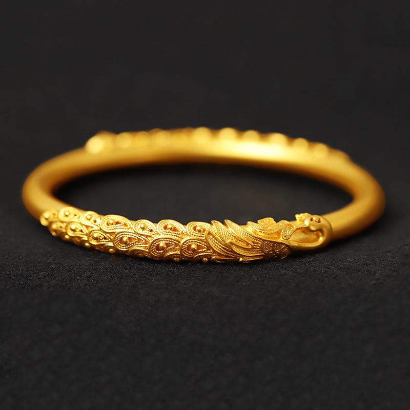 Vietnamese Sand Gold Peacock & Dragon Bracelet: Retro Silk Peony Design, Copper-Plated, Brings Auspiciousness, Noblewoman Jewelry.