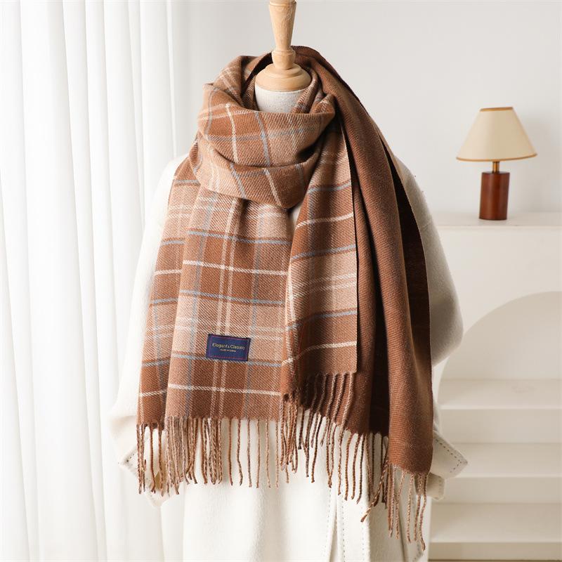 

Женский классический ретро клетчатый шарф - Бежево-коричневый дизайн тартан, Неэластичная мягкая ткань, Универсальный аксессуар для повседневных выходов 200x53cm with tassel