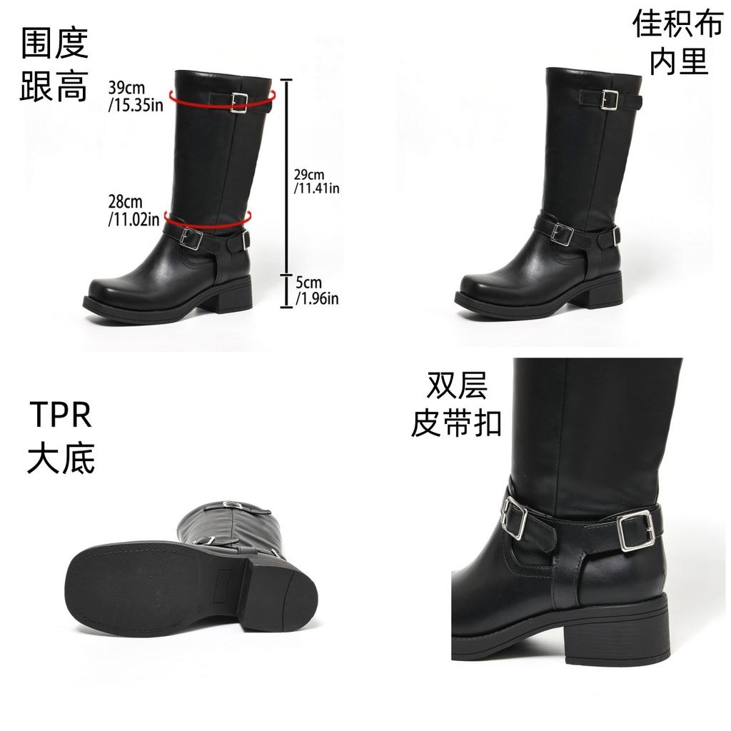 Direct Supply Leather Buckle Belt Fashion Boots Women'S Square Head Thick Heel Belt Buckle Straight Boots Body Autumn Winter Versatile Women'S Boots