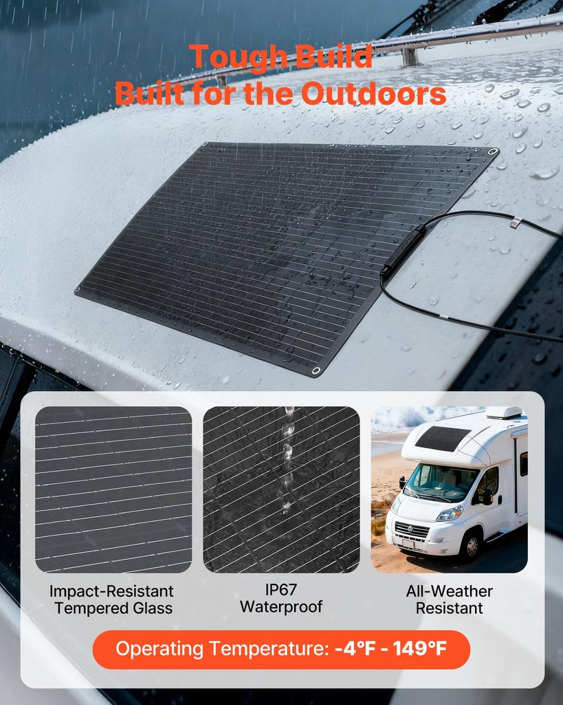 VEVOR Flexible Solar Panel, 100W Semi-Flexible Bendable Monocrystalline Solar Panel, 23% Efficiency Mono Off-Grid Charger with MC4 Output