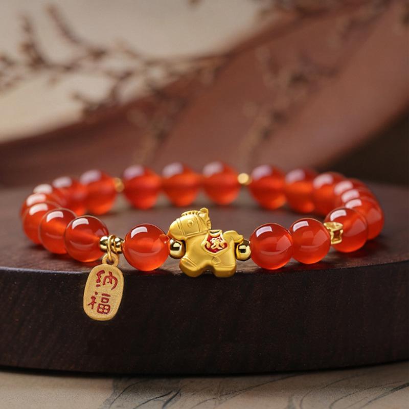 Natural Red Agate Horse Zodiac Bracelet for Women - 2026 New Style with Sand Gold Accents