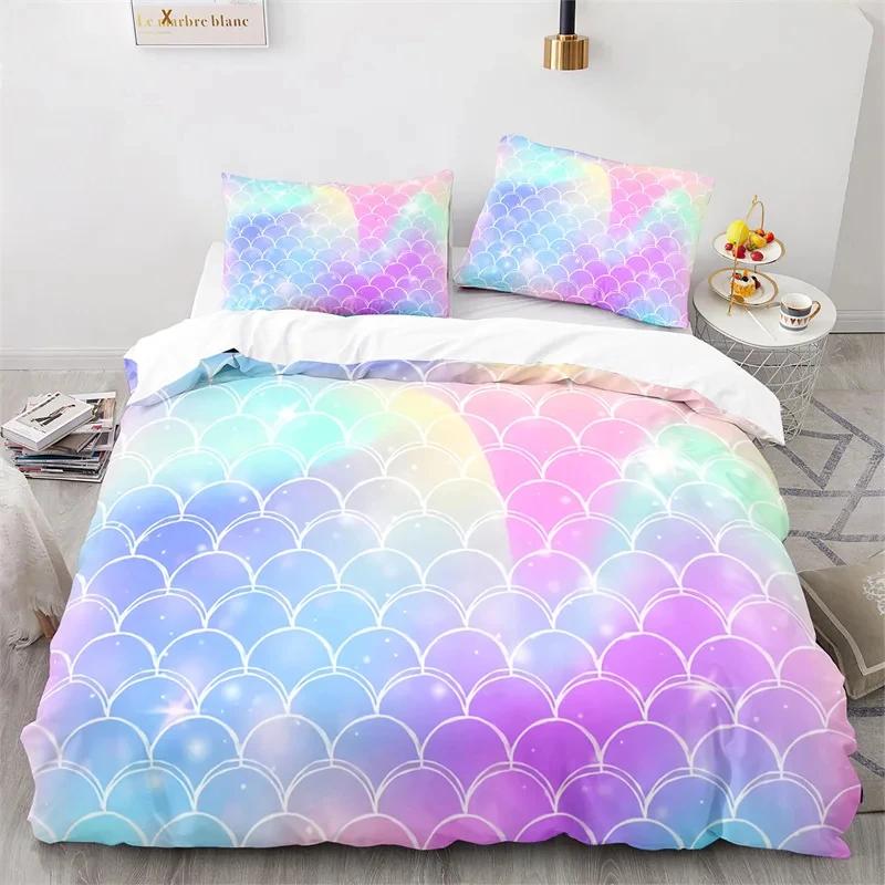 Colorful Fish Scales Bedding Set Twin King For Boys Girl Blue Pink Mermaid Skin Surface Print Duvet Cover Polyester Quilt Cover