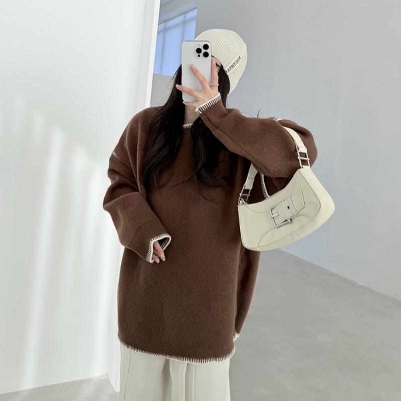 Crew Neck Knitted Pullover Sweater Women's Autumn and Winter New Contrasting Colors Simple and Versatile Loose Knitted Sweater Women