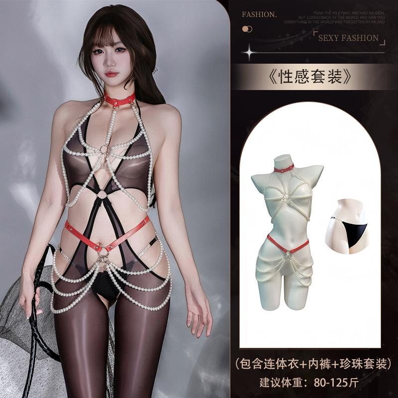 Sexy Underwear Hot Sexy Pure Desire Flirting Perspective Hollow High Elastic Horse Oil Light Open Crotch Onesie Women