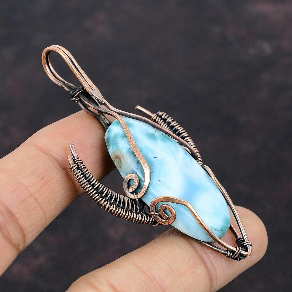 Larimar Pendant Copper Wire Wrapped Pendant Bull Face Shape Pendant Handmade Gemstone Pendant Copper Jewelry Wire Wrap Jewelry Gift For Her