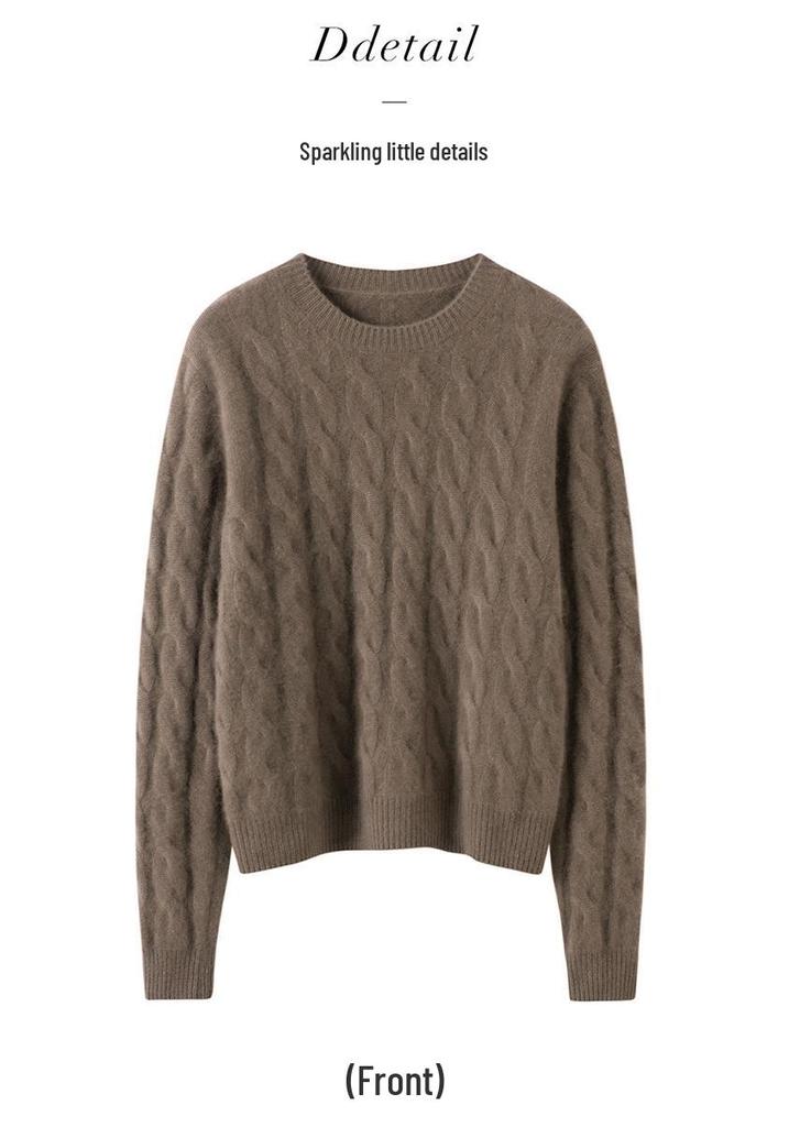 Women's Retro Cable Knit Round Neck Cashmere Sweater - Thick and Skin-Friendly for Autumn/Winter