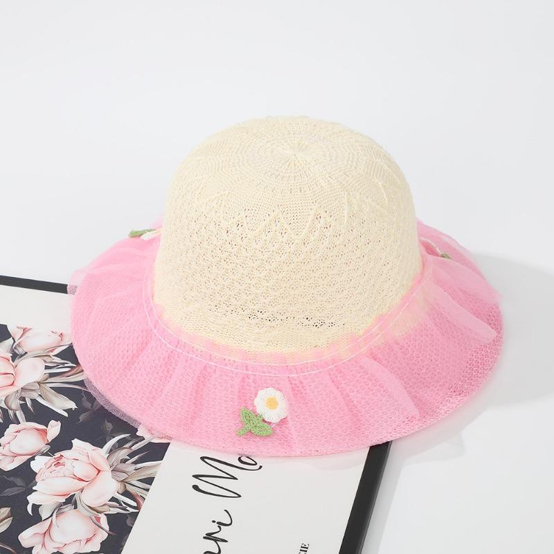 Fashion children's breathable small straw hat baby colorful cute flower yarn edge hat sunscreen summer cool hat