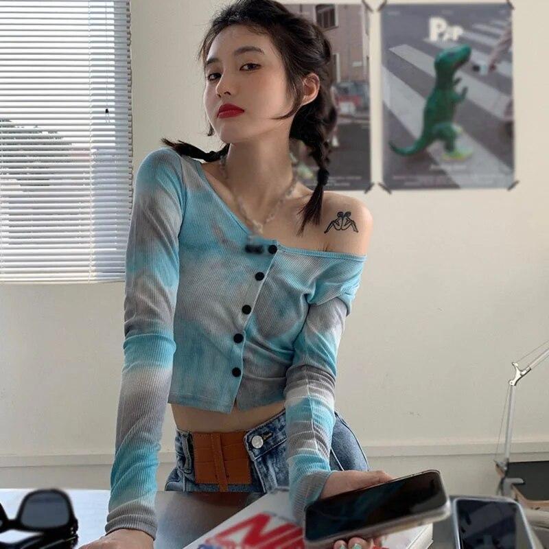 Women's Tie-dyed O-Neck Button Casual  Navel Exposed Long-Sleeved Cardigan Tops